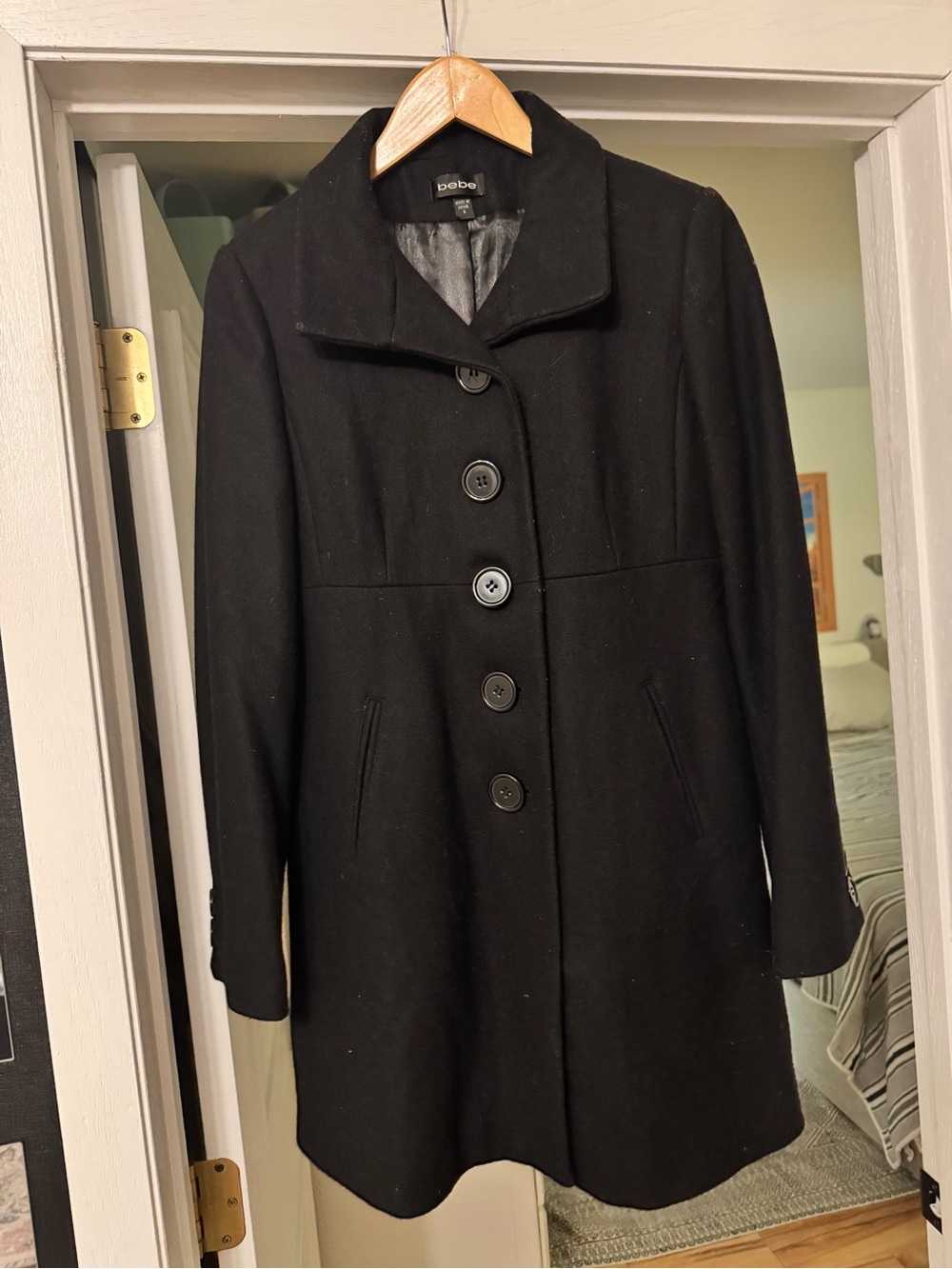 bebe Black Wool-Blend Single-Breasted Pea Coat